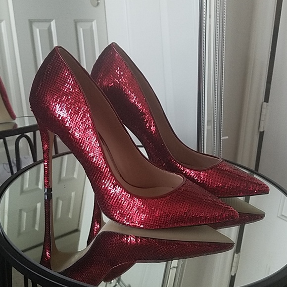 red sequin pumps